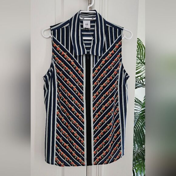 CAbi Navy and White Striped Floral Sleeveless Shirt - Picture 1 of 4